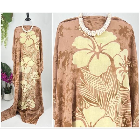 Tan Hibiscus Tan Tie Dye Tropical MAXI SARONG Kīkepa Pareo Beach Wrap Skirt - Picture 1 of 4